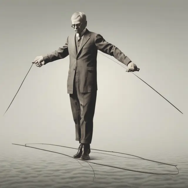 A person walking a tightrope while carrying symbols of employment and environment, emphasizing the balance between economic efficiency and sustainability in specialization
