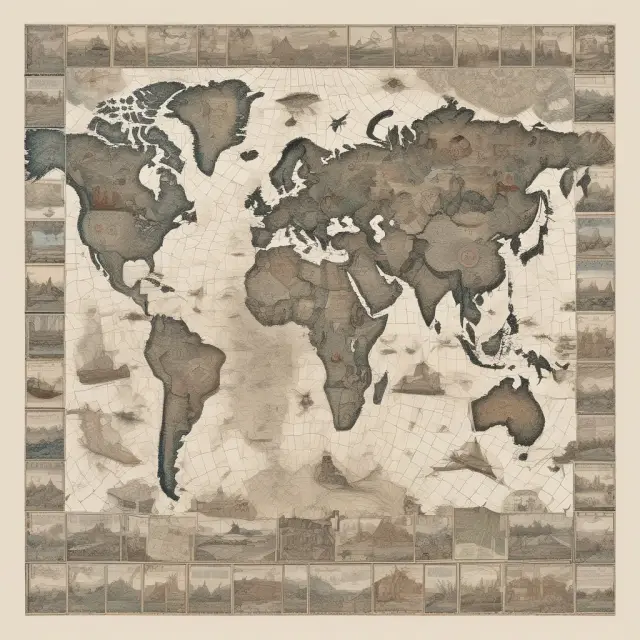 An intricate mosaic composed of various world map sections, illustrating countries