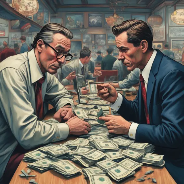 A bustling financial marketplace with investors (represented by trees) cultivating long-term growth and speculators (represented by birds) flying in to bet on short-term price movements