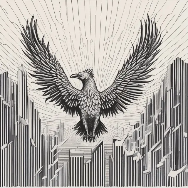 A mythical phoenix rises above a sea of financial data and stock market charts, embodying the triumphant spirit of successful speculation