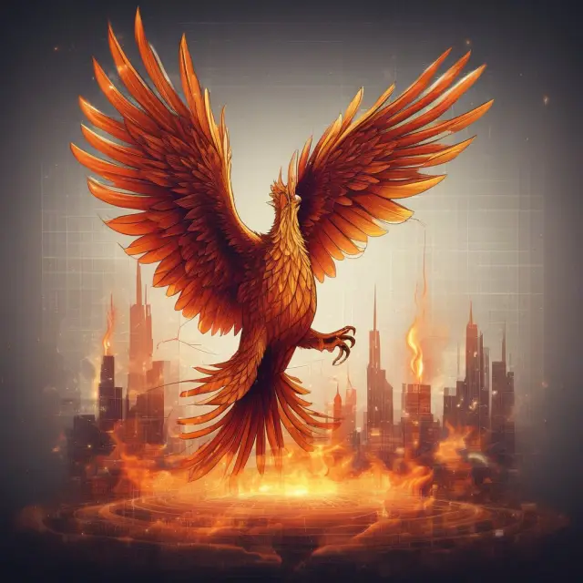 A mythical phoenix rises from market data charts, illustrating the power of knowledge in speculative activities
