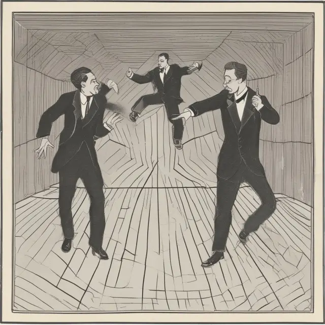 A speculator on a dance floor surrounded by stock market graphs and emotions (fear, greed), employing risk management strategies like stop loss orders and diversification