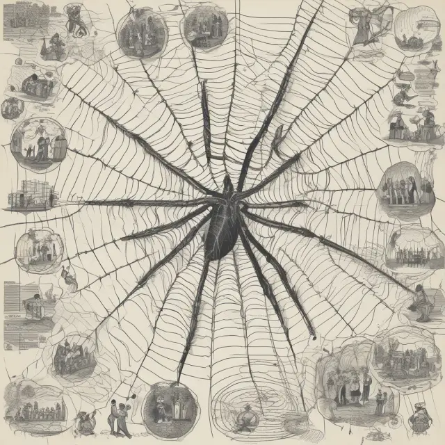 An artistic representation of a spider spinning a web with various ETFs and indices symbolizing SPDRs