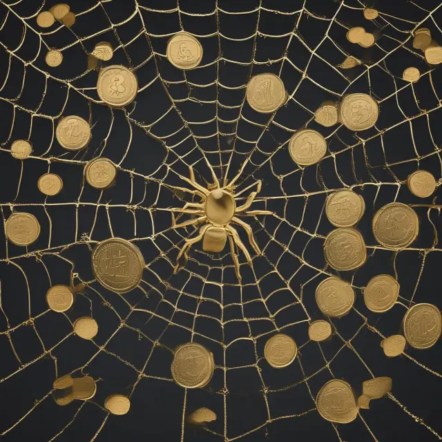 Spider web filled with gold coins and banknotes representing the value of SPDRs and their continuous trading.