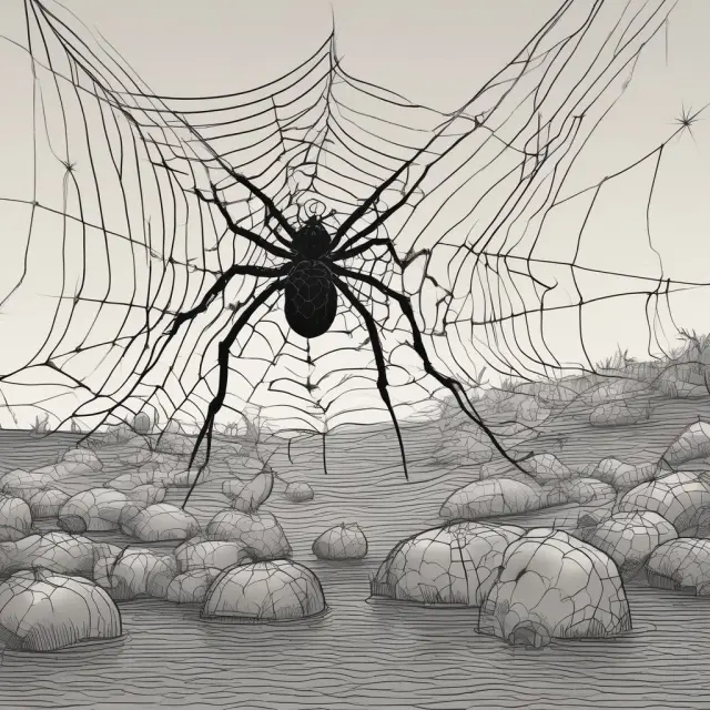 An elegant spider weaving a complex web symbolizing the benefits of investing in SPDR ETFs: continuous liquidity, flexibility, regular dividends, tax efficiency, and lower costs.