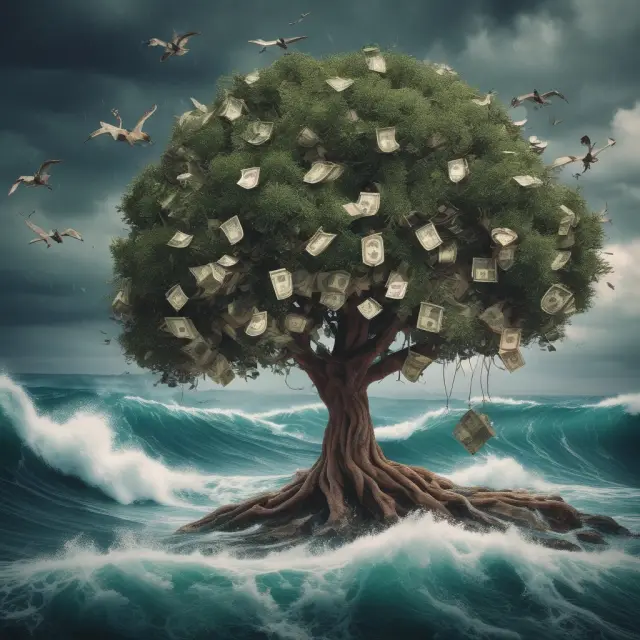 An olive tree protected from a stormy sea by its shield, surrounded by waves of international currencies - safe haven economy representation