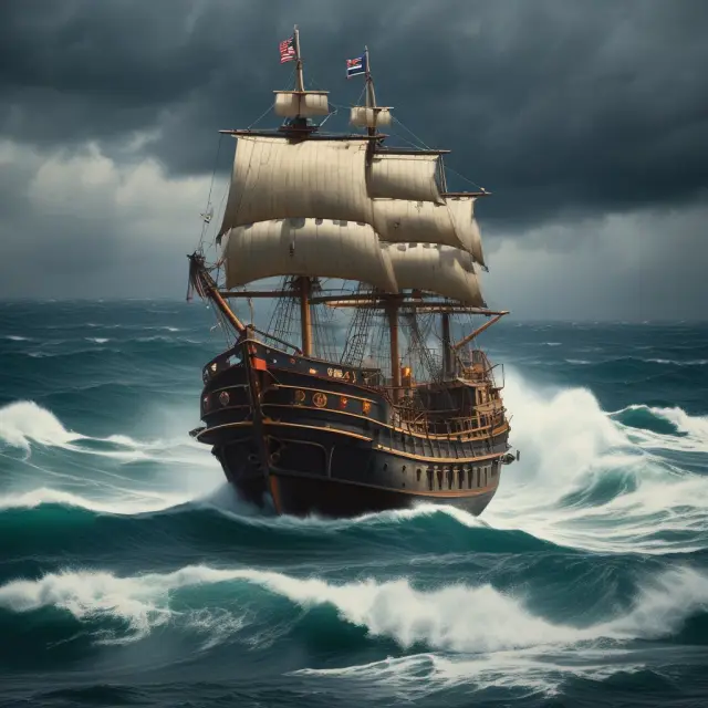 A tranquil harbor with safe haven economies represented as sturdy ships sheltering from the volatile seas signifying global economic turmoil and spillover effects