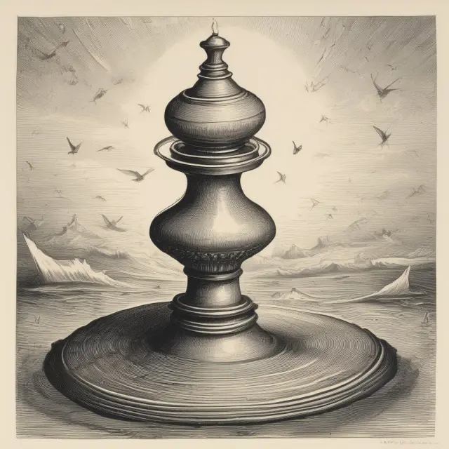 A spinning top sits precariously atop a tranquil sea of candlesticks, illustrating the uncertain balance between buyers and sellers