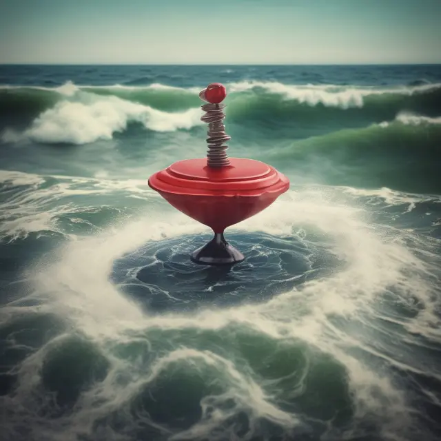 A spinning top sits precariously on turbulent market waters, representing the importance of risk management strategies for traders around this crucial candlestick pattern.