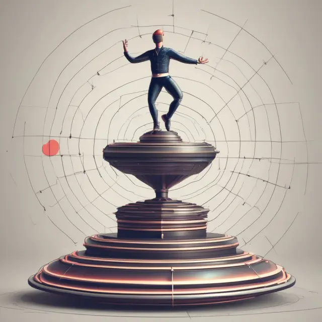 An intricate dance of spinning top patterns and technical indicators (moving averages, RSI, Bollinger bands) to enhance financial market analysis