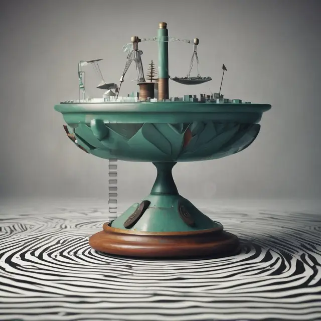 Spinning top symbolizing market indecision, traders balancing risk on a scale with technical indicators