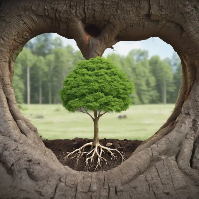 A tree with two distinct corporations emerging from a shared trunk, representing the process of corporate spinoffs for focusing resources and unlocking value.