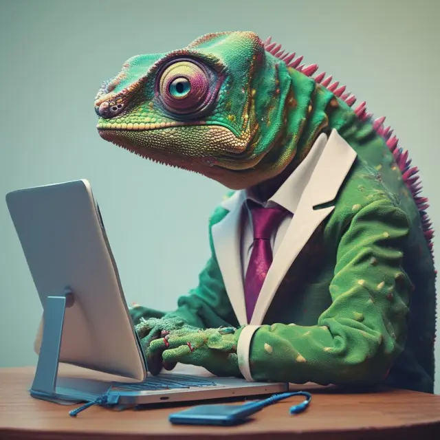Cybercriminal disguised as a chameleon illustrates the various types of spoofing (email, SMS, call, URL, IP) in this metaphorical image. Protect yourself to avoid being fooled.
