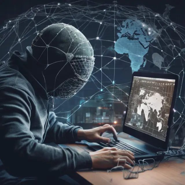 Cybercriminal hiding behind a mask, altering IP addresses on a digital globe connected to networks