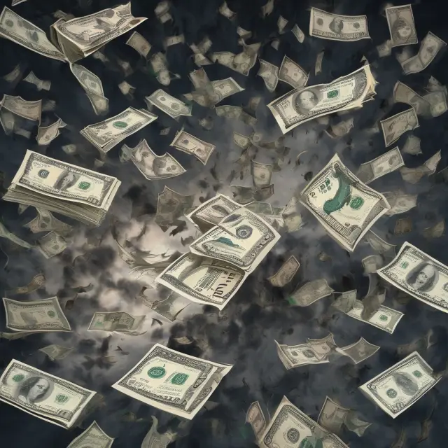 A turbulent weather system filled with currencies swirling in the wind, representing the unpredictability of spot exchange rates