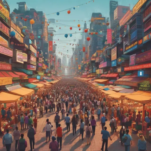 Buyers and sellers exchange FAQs in this vibrant scene, representing the dynamic nature of spot markets.