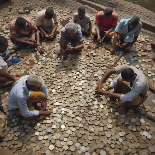 Traders exchanging currencies by the riverbank, reflecting instantaneous spot trades in a bustling financial market
