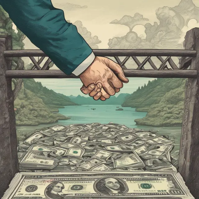 Handshake between parties on a bridge representing spot trade with currencies exchanged immediately