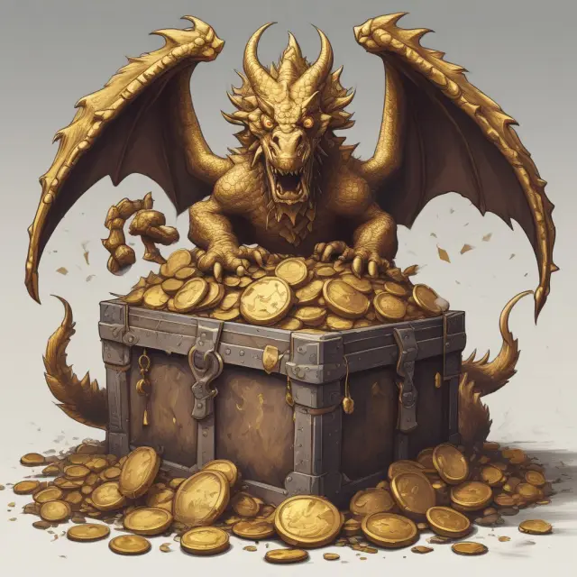 Dragon symbolizing counterparty, market, and operational risks guarding a treasure chest of gold coins