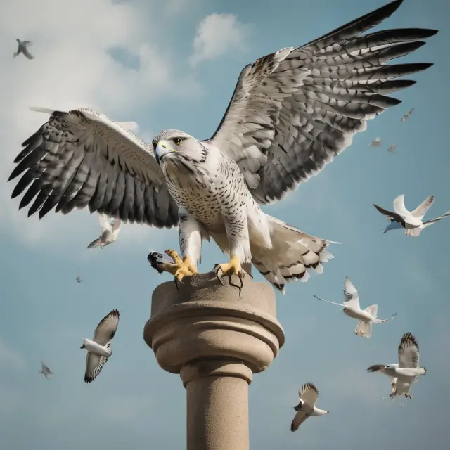 A falcon swooping down on traditional investing doves symbolizes the cost-effective and strategic edge of spread betting over traditional investments