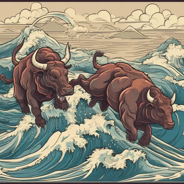 Three figures on waves representing mean reversion (bear), trend following (bull), and arbitrage in spread betting strategies