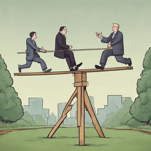 A taxman and a spread better on a seesaw, representing the balance between risks and rewards in spread betting, with appropriate keywords: tax, spread betting, risks, rewards, jurisdiction.