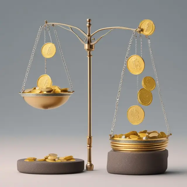 A large scale balanced between two sides, one side filled with golden coins representing advantages, and the other with silver coins symbolizing disadvantages of Self-Regulatory Organizations.