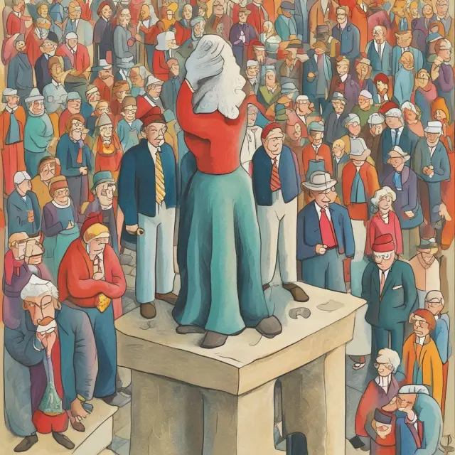 An image of an elderly person standing tall on a pillar labeled