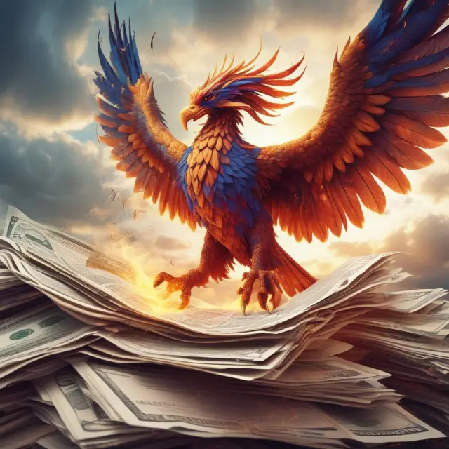 Phoenix rising from stack of financial reports, representing the transformation and renewal of Social Security programs