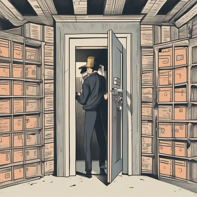 Thief infiltrating vaults guarded by keys, attempting to steal Social Security numbers. SEO: Data breach, SSNs, privacy, identity theft