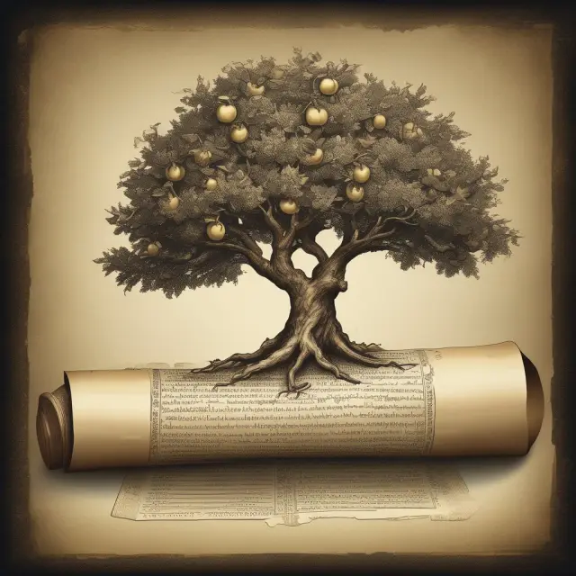 Ancient scroll showing historical performance of stable value funds as a tree laden with golden apples representing higher yields, compared to money market funds