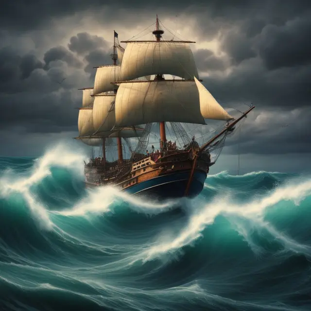 A calm boat representing stability sails through a stormy sea, protected by an umbrella inscribed with the words 