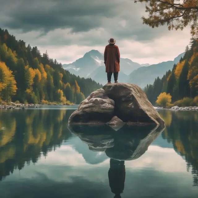Retiree peacefully standing on a rock near a calm lake with growing stable value fund pots reflecting stability, safety, and predictability.