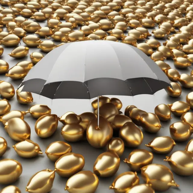 Insurance umbrella protecting golden eggs representing investments, with varying fee levels
