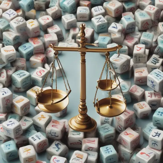Balancing risky dice (investments) against a sea of balance scales, symbolizing effective risk management