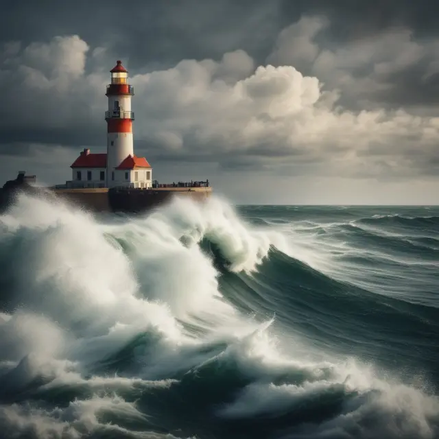 A ship braving stormy seas is guided by a steady beacon representing stable value funds for professional investors, providing peace and stability during market volatility