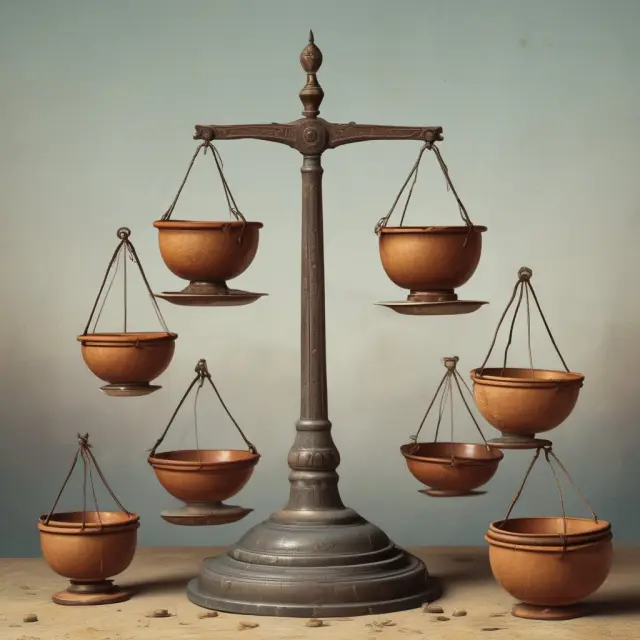 Old scales with empty pots represent stagnant economy, while a flowing river signifies potential growth