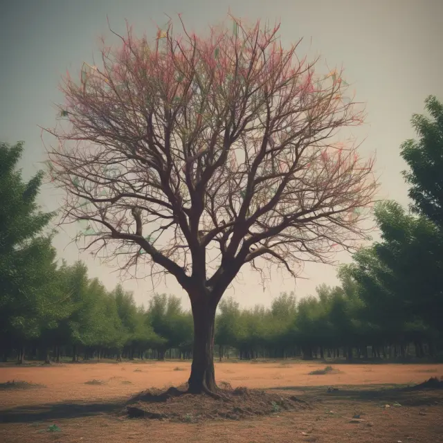 Bare tree in a lush garden, representing an economy experiencing stagnation