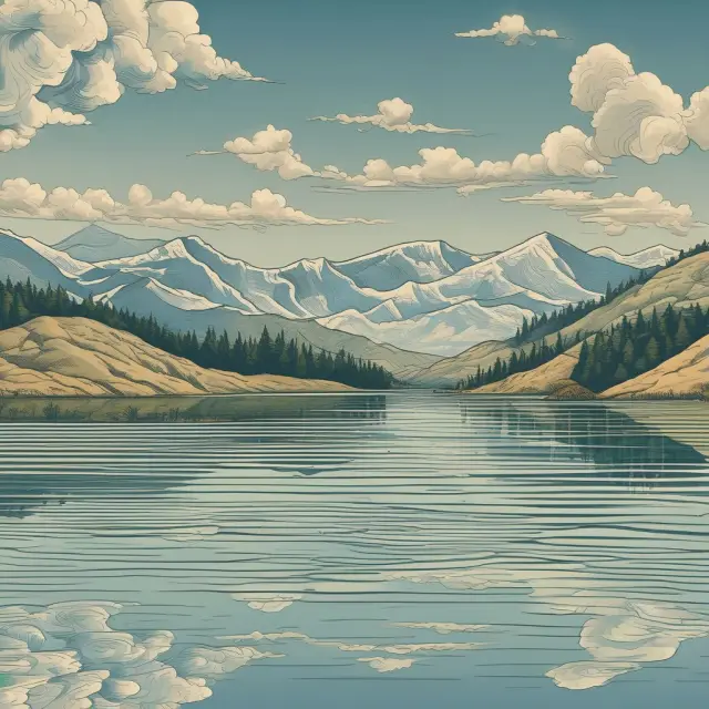 An image of a still lake reflecting cyclical business waves, with small ripples representing economic shocks and deeper undercurrents illustrating structural factors causing economic stagnation