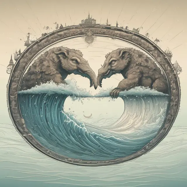 A visual representation of two economic cycles merging, with one cycle symbolizing growth and the other representing stagnation. The image depicts waves creating ripples as the cycles come together.
