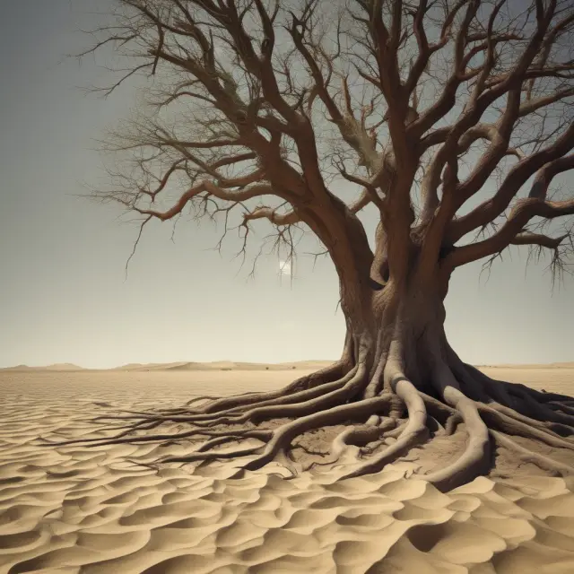 An old tree struggling to grow amidst institutional obstacles and demographic shifts, representing long-term economic challenges