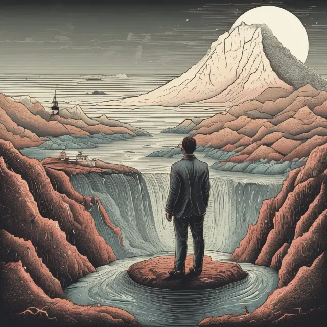 A concerned investor gazes over economic data on a tablet, standing atop a volcanic landscape. The lava represents market fluctuations and the sinking waterline illustrates stagnating indicators