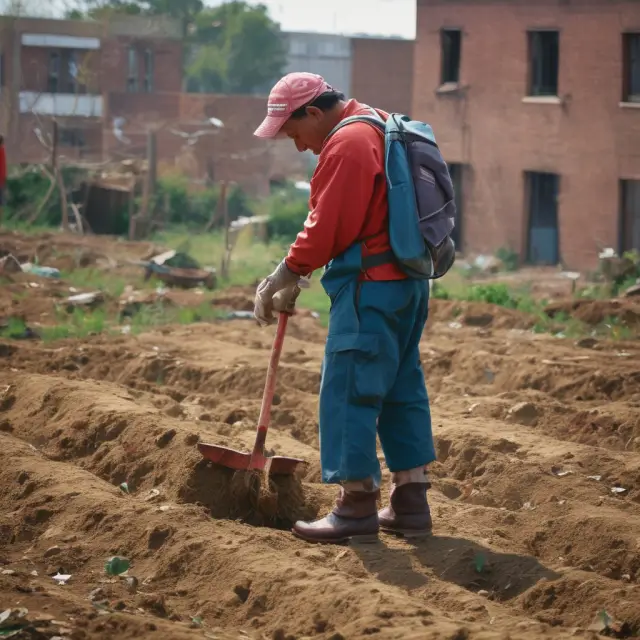 Image of workers struggling in a desolate landscape, with falling wage symbols and a widening income gap