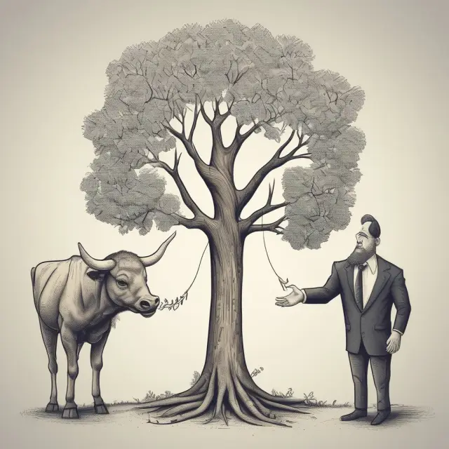 A bull representing shareholders with golden coins vs a tree symbolizing stakeholders rooted in community, employees, customers, and environment
