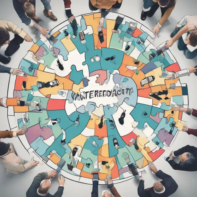 A visualization of stakeholders as puzzle pieces representing investors, employees, customers, suppliers, governments, and communities contributing to a successful company