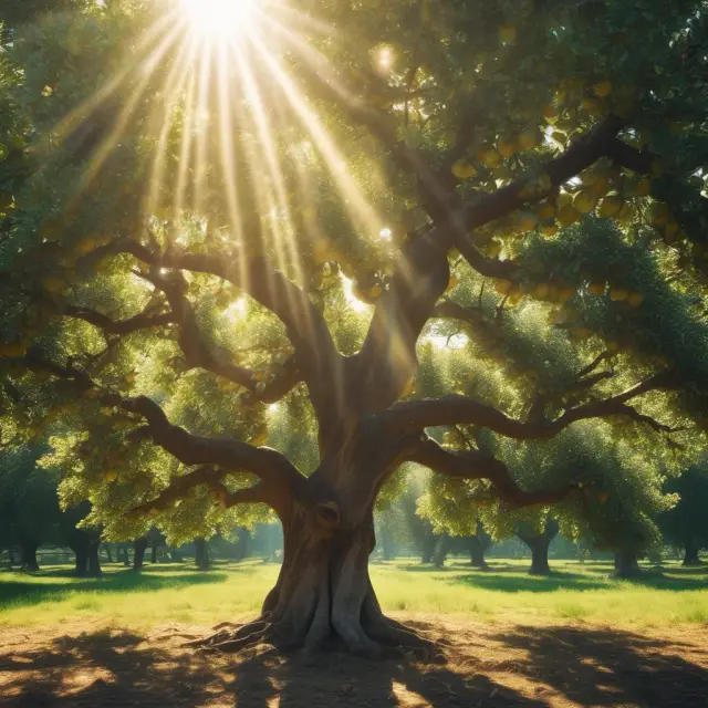An apple tree laden with contracts symbolizing legal adherence and ethical CSR practices under a beaming sun, representing transparency
