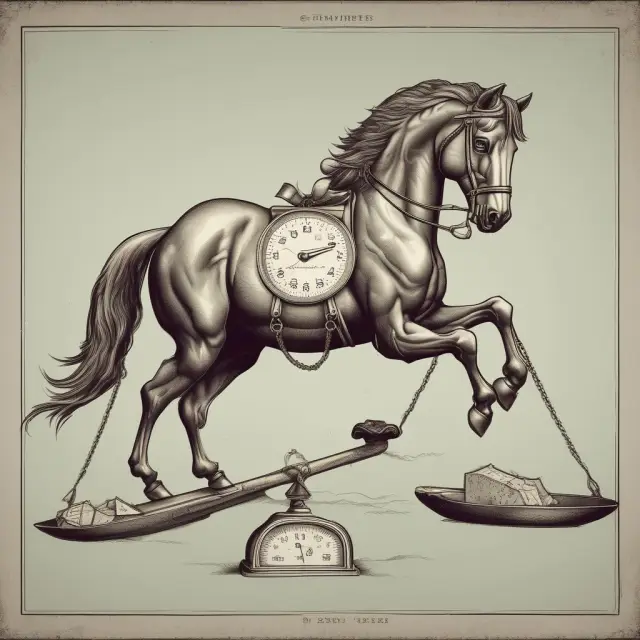A stalking horse balanced between two pans, one labeled 