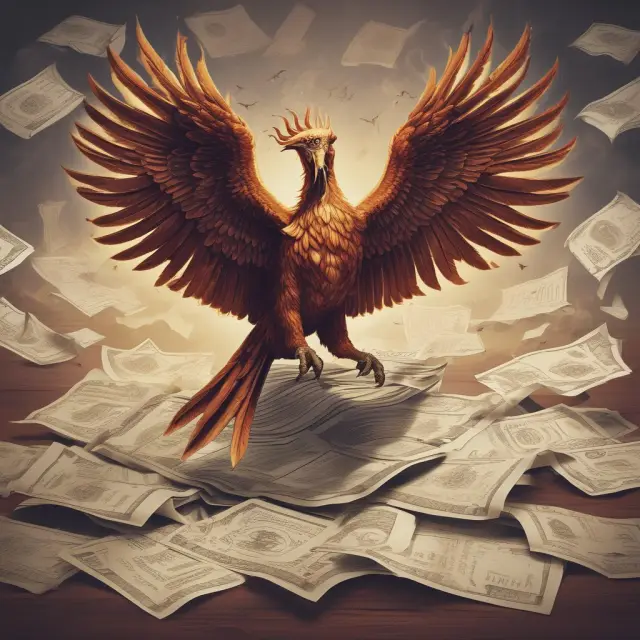 A mythical Phoenix in a courtroom setting, representing the role of a stalking horse candidate reviving distressed business assets through bankruptcy proceedings