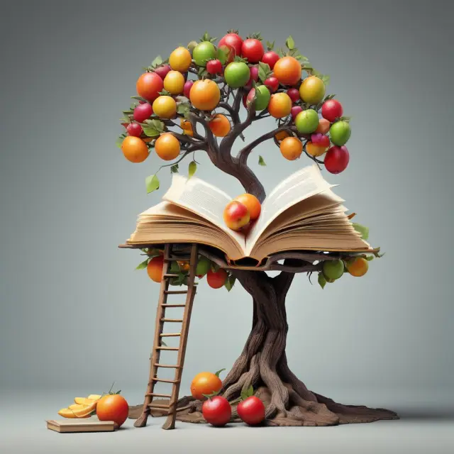An image of a golden ladder climbing up to an education book and a tree laden with fruit, illustrating education
