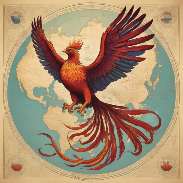 A majestic phoenix emerging from an open world map, illustrating the significance of standard of living as a crucial factor for investors